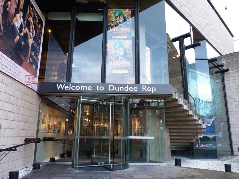 Close up of the external front doors and main entrance of Dundee Repertory Theatre.
